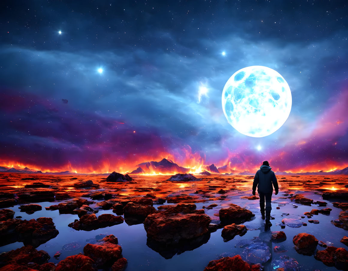 Person standing on fiery landscape under starry sky with large blue moon