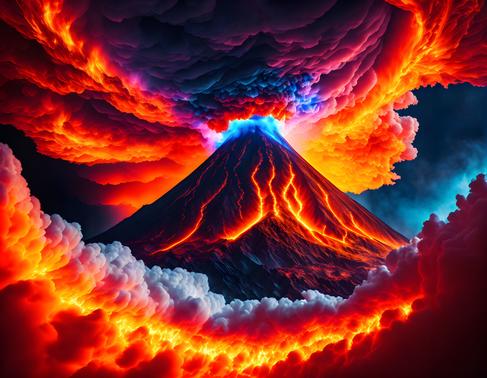 Vibrant volcanic eruption with fiery lava flows & ash cloud