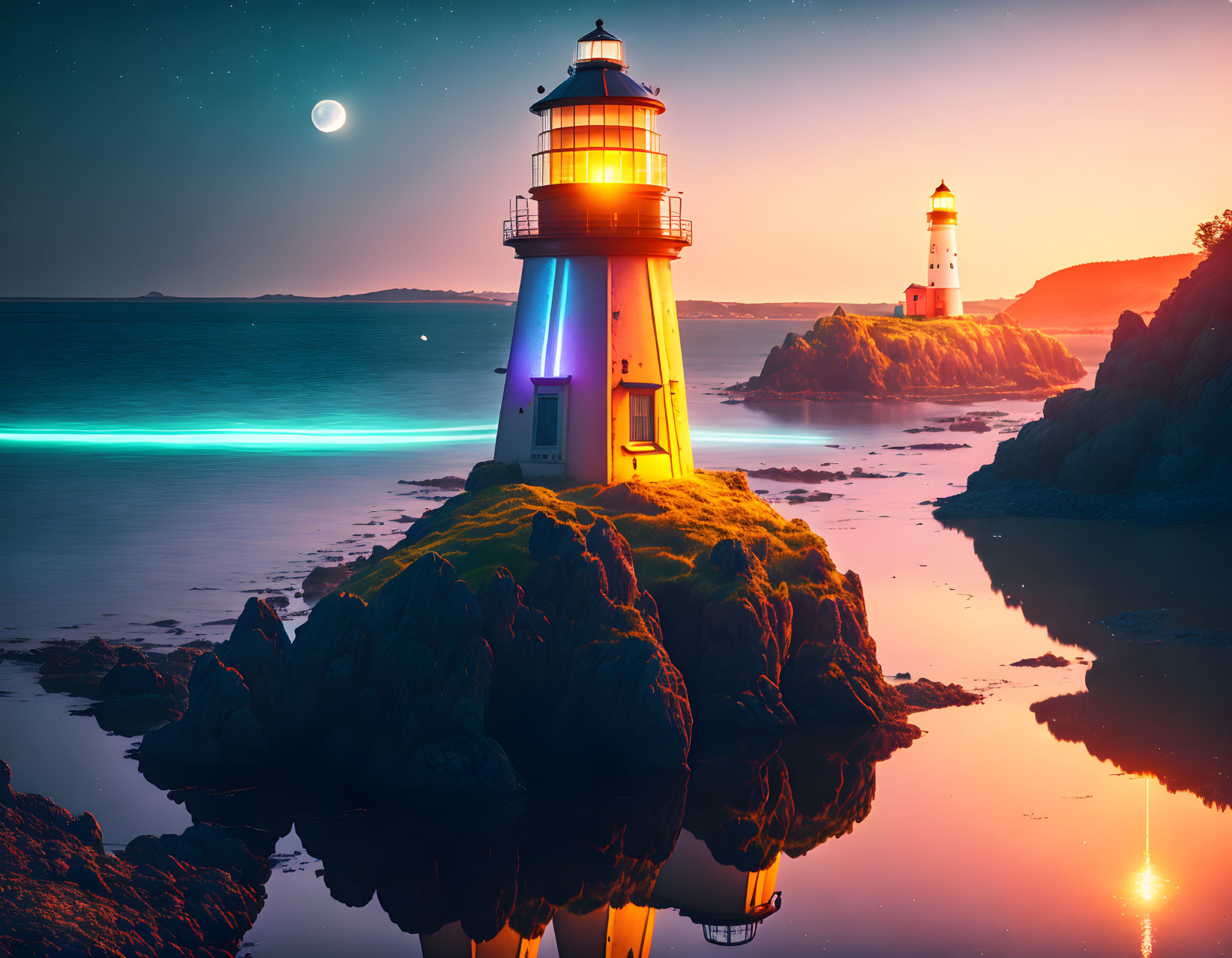 Lighthouses on rocky shores with moonlit sky and bioluminescent waves