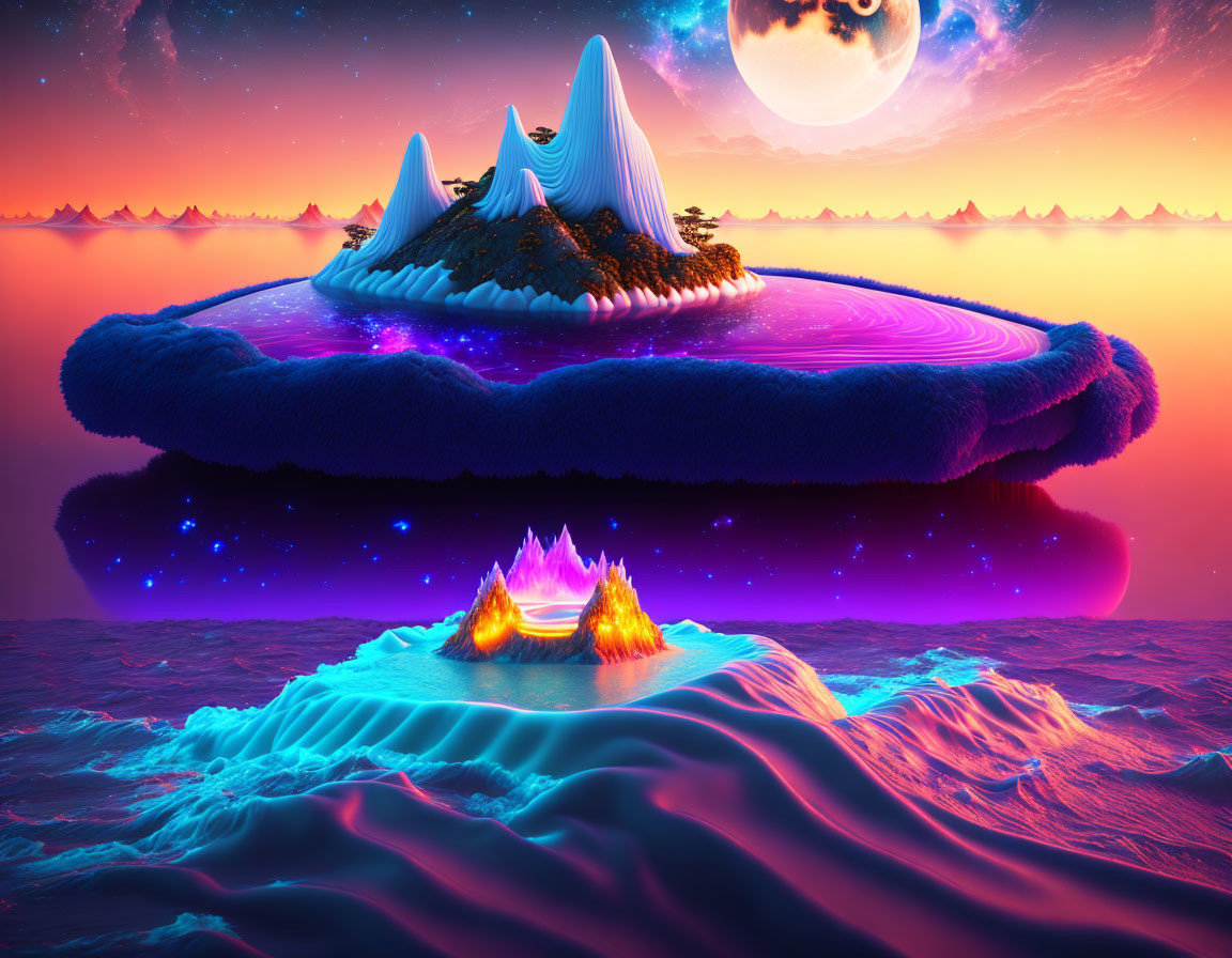 Surreal landscape with floating island, neon trees, glowing mountain