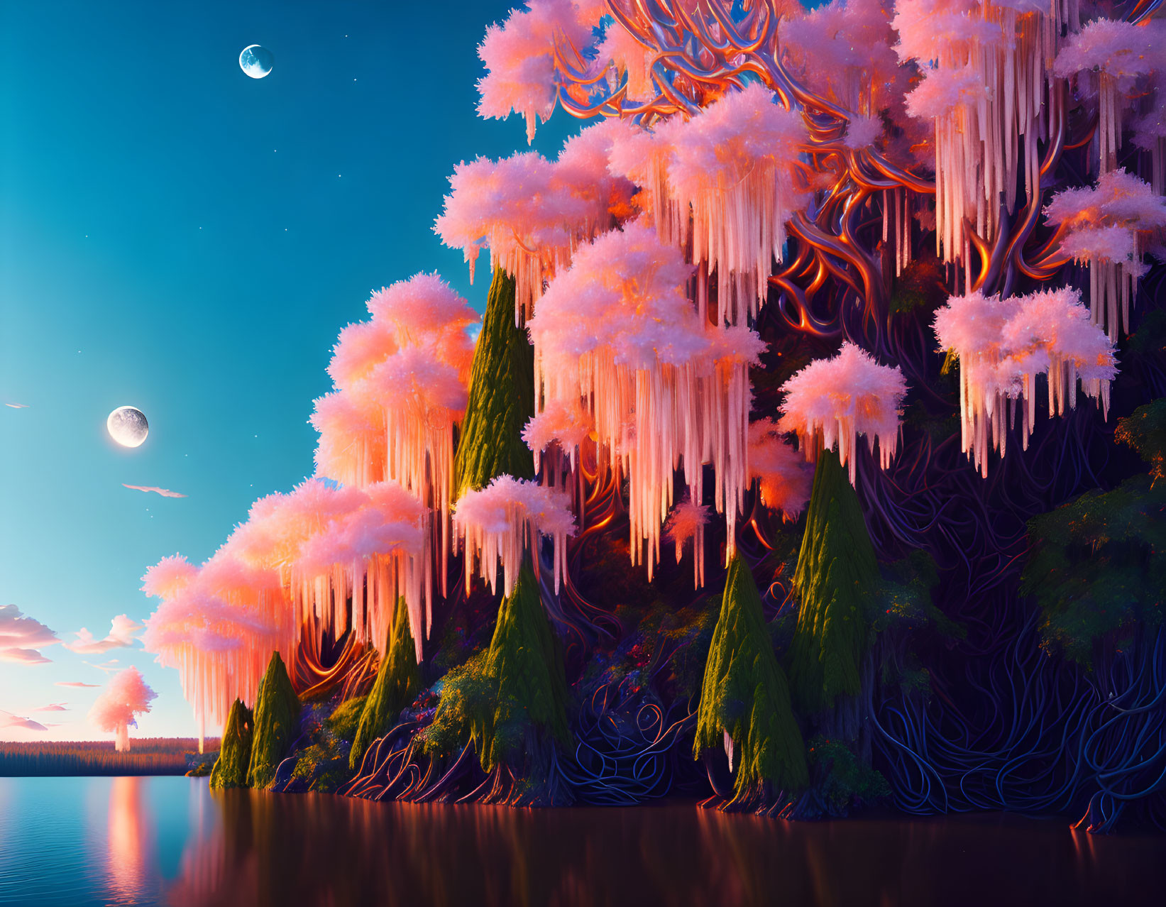 Glowing tree-like structures with pink foliage in twilight landscape