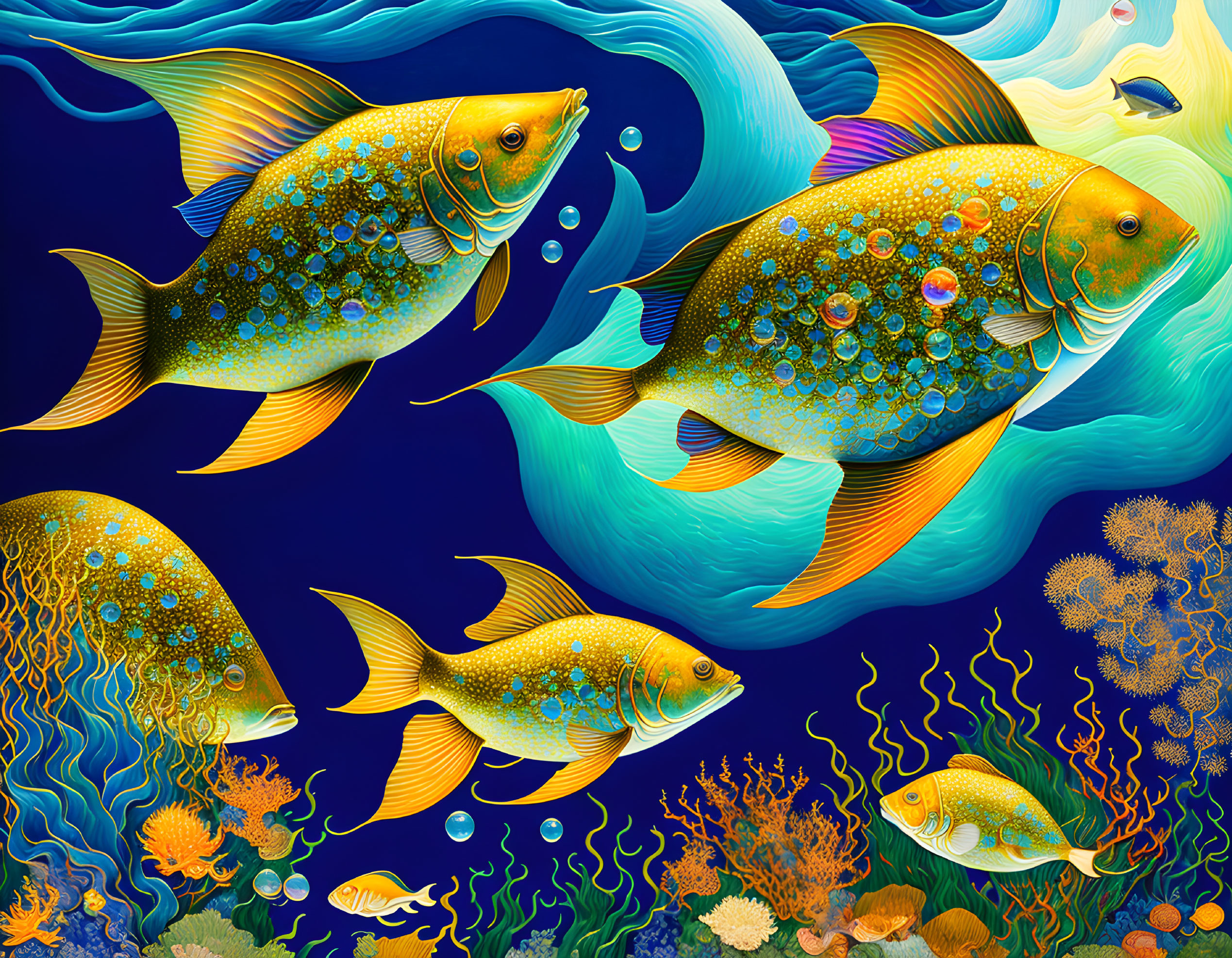 Colorful digital artwork: Golden fish among coral and sea plants