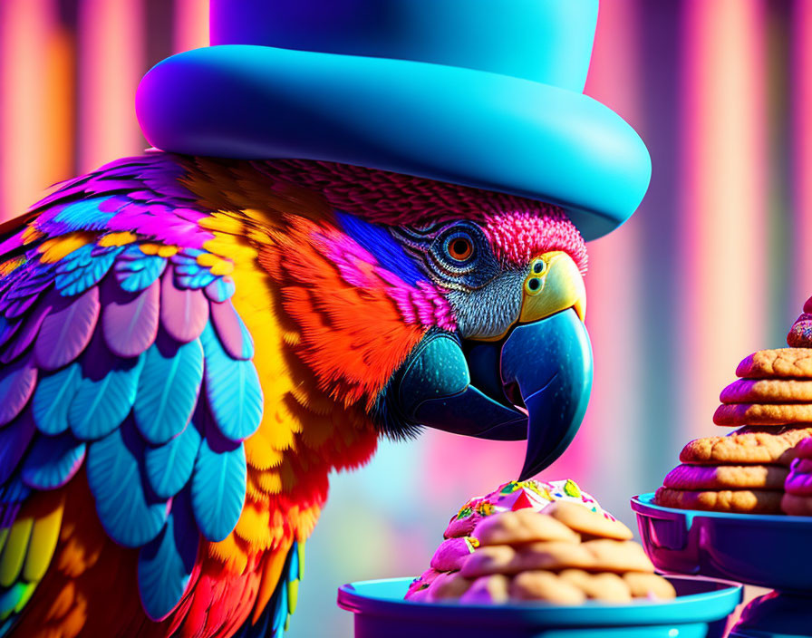 Colorful Parrot in Blue Top Hat Eating Cookie on Striped Background