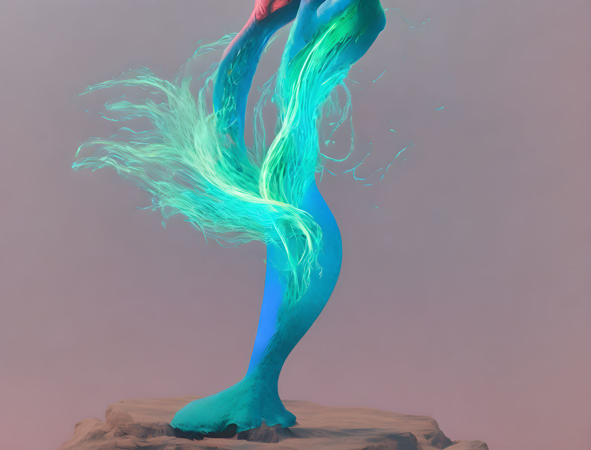 Stylized leg with aqua energy on rock against pink background