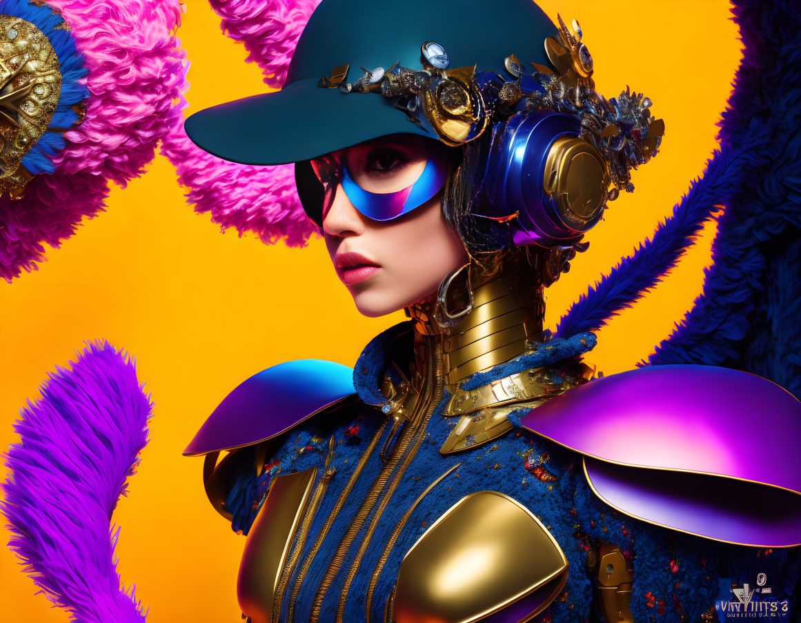 Woman in futuristic golden and blue armor with hat and sunglasses on vibrant orange background.