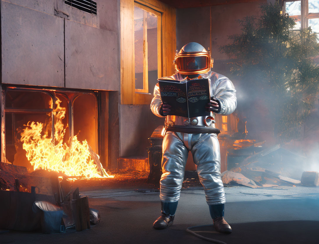 Astronaut reading "How to Cook on Mars" in fiery room