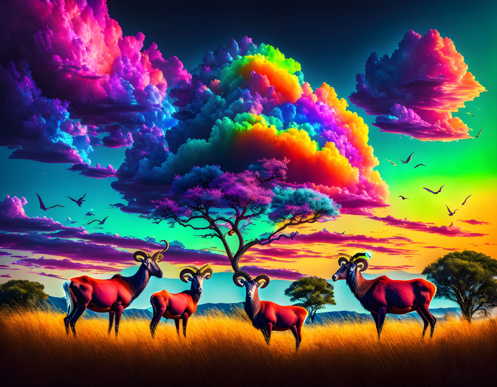 Colorful landscape with antelopes, psychedelic tree, vivid clouds, and flying birds in surreal African