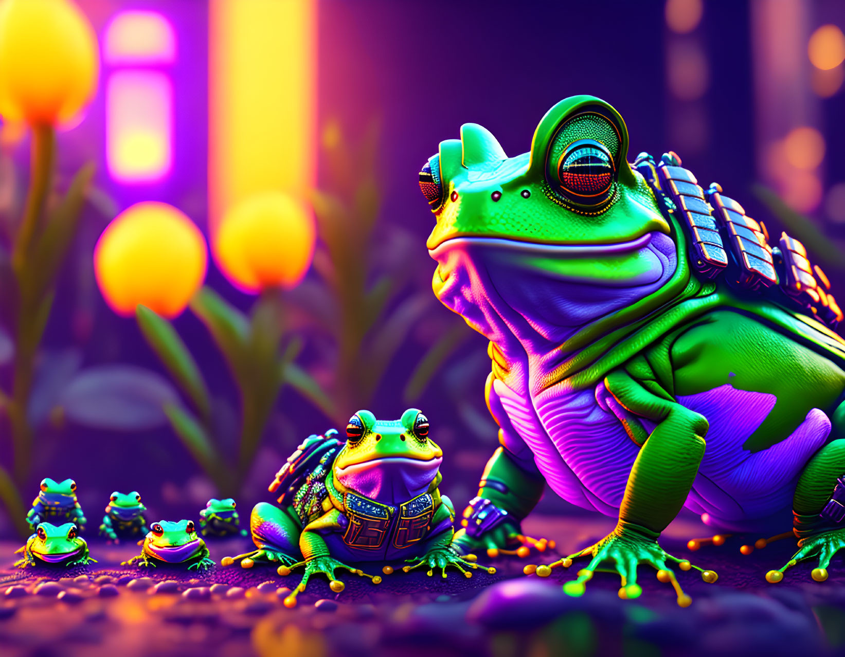 Colorful digital artwork: stylized frogs with cybernetic enhancements on neon-lit background