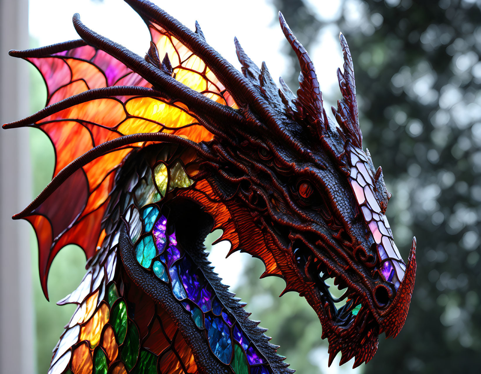 Vibrant Stained Glass Dragon Sculpture in Nature Setting