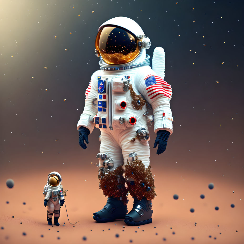 Detailed Spacesuit Astronaut with American Flag Patches on Disintegrating Surface