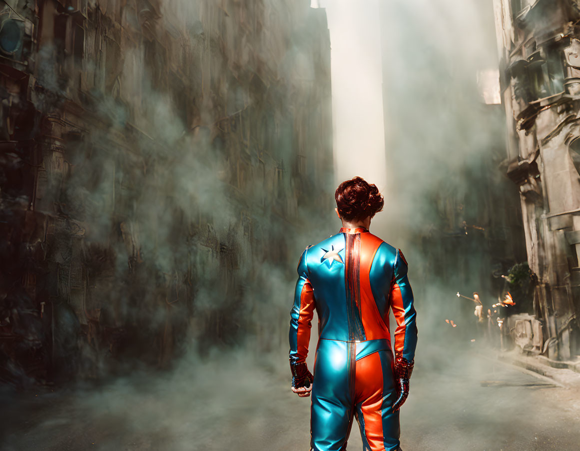 Superhero in costume standing in misty alley under sunlight.