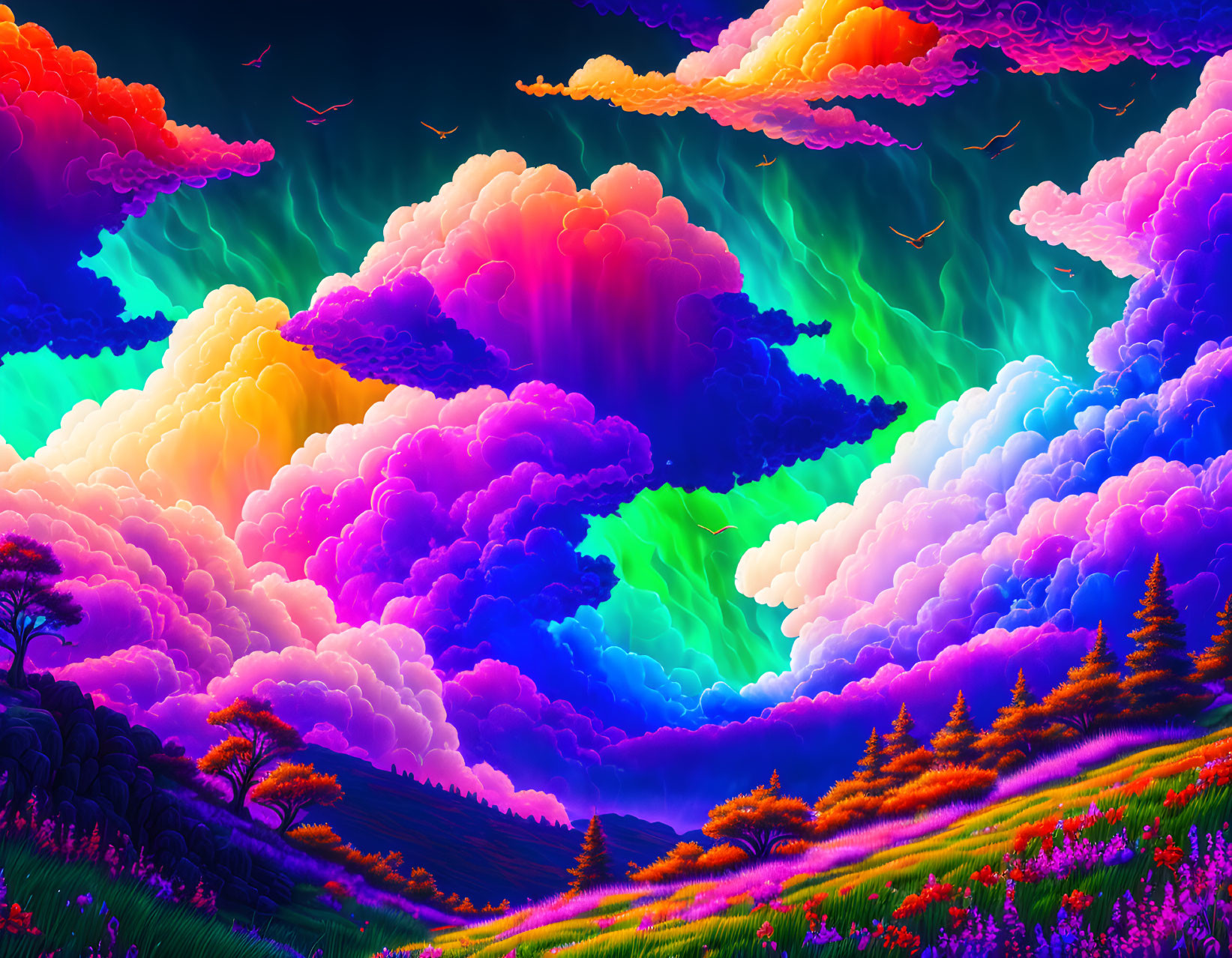 Colorful Clouds and Birds Over Lush Landscape