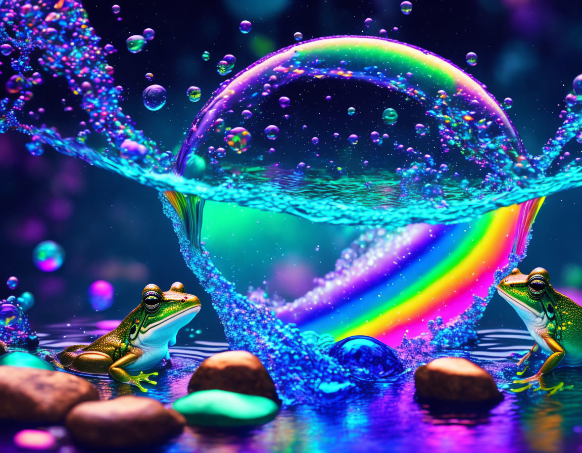 Colorful Frogs on Rocks with Rainbow and Bubbles in Blue Water