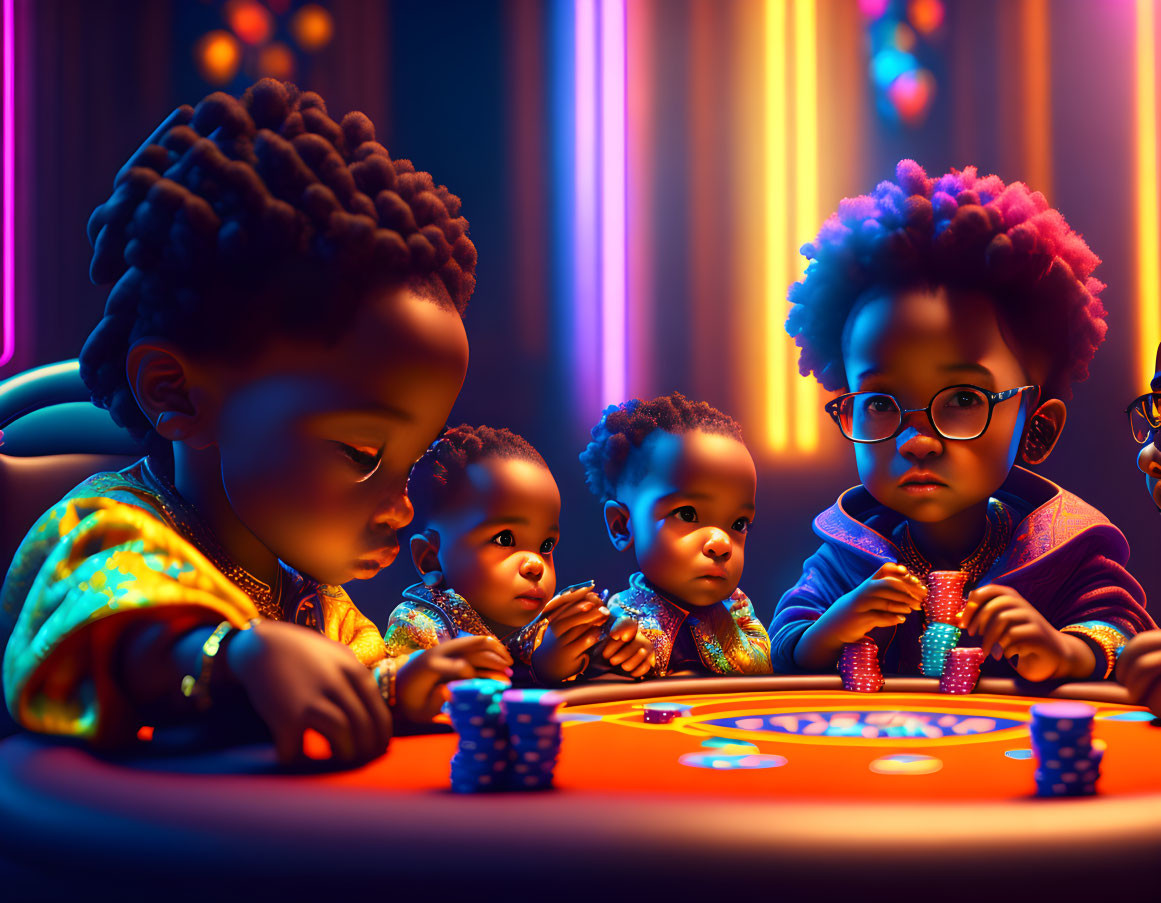 Toddlers playing poker in glittering attire under dramatic lighting