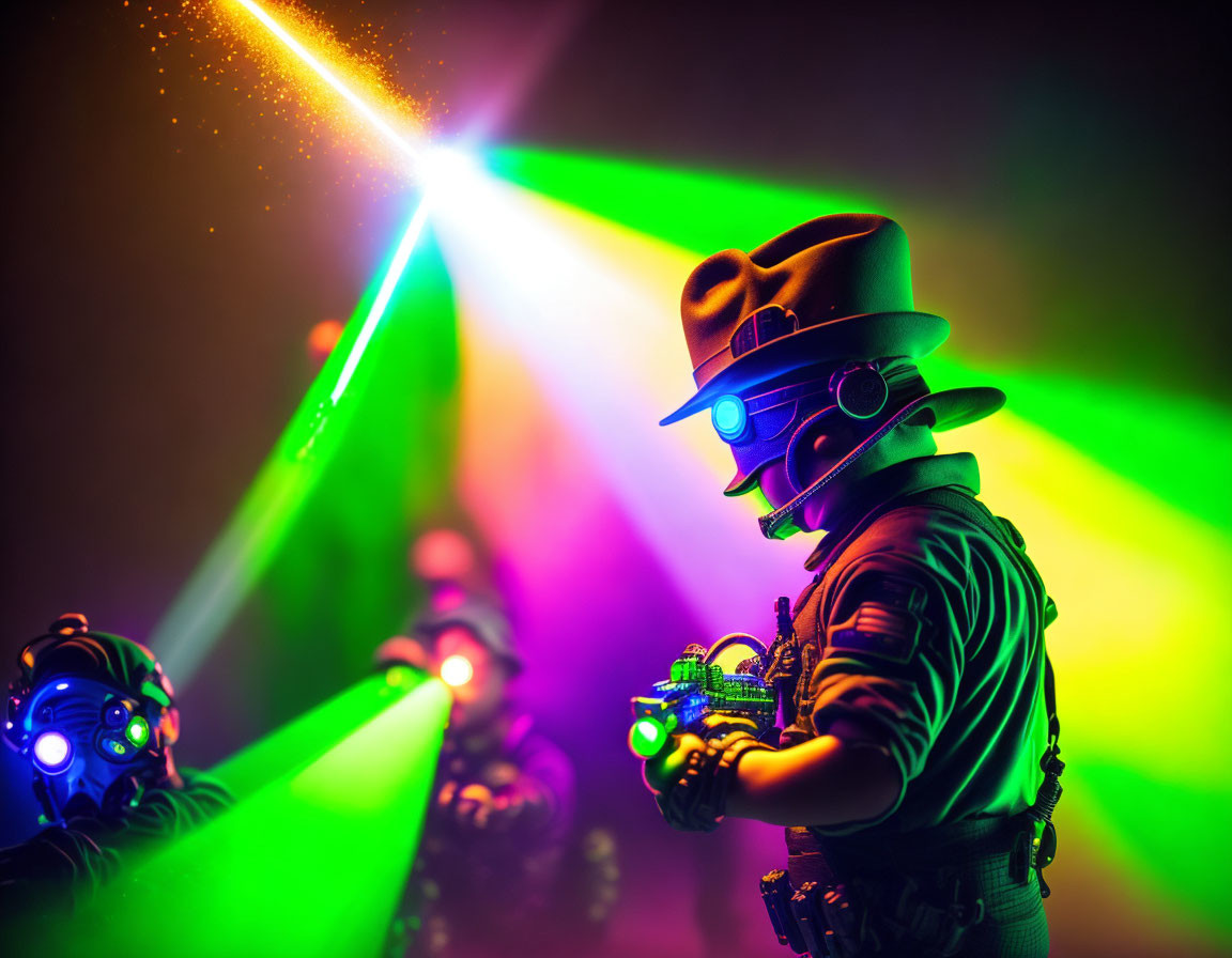 Colorful futuristic figure in hat and goggles with glowing device and laser beams.