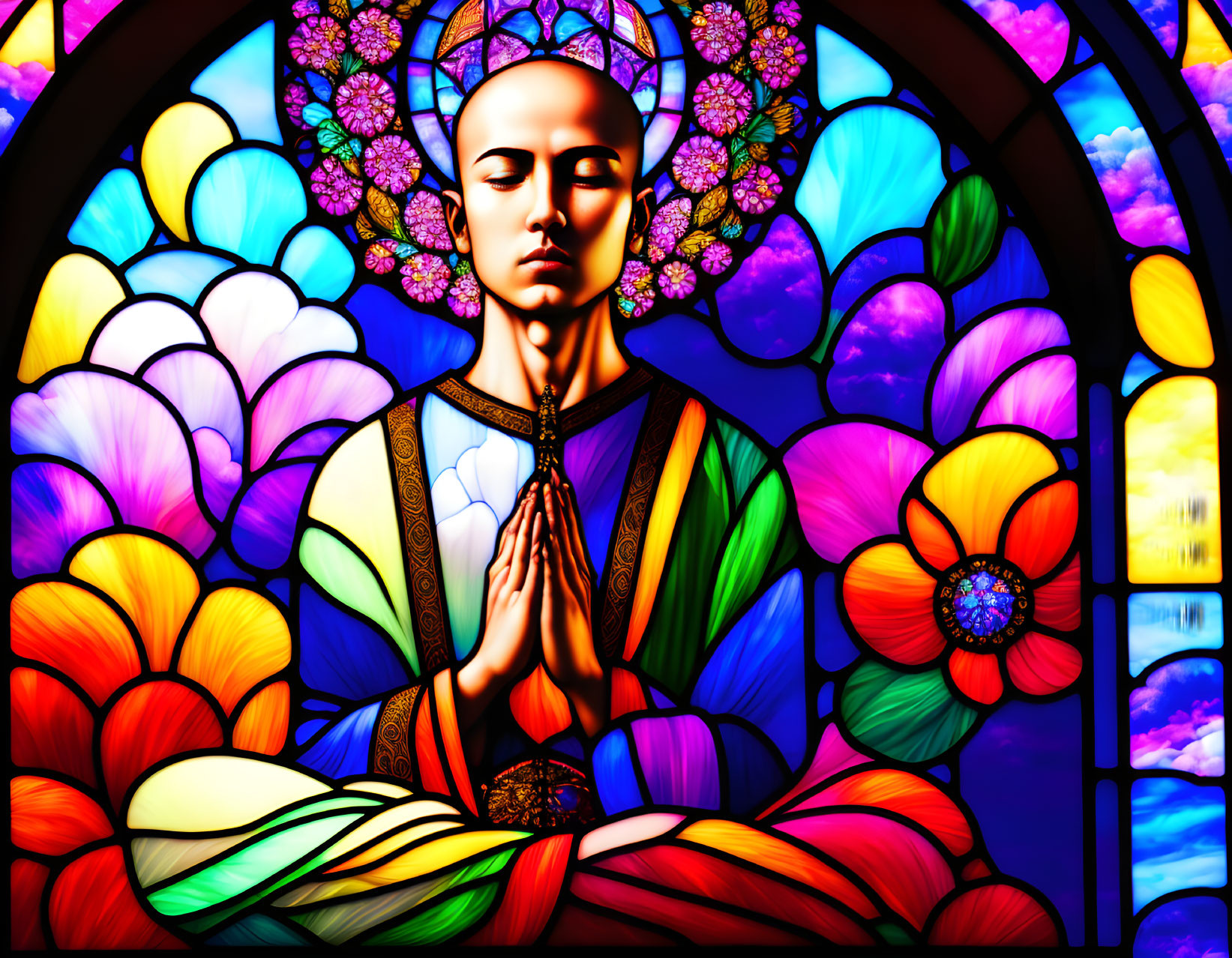 Colorful Stained Glass Window with Meditating Figure and Flowers