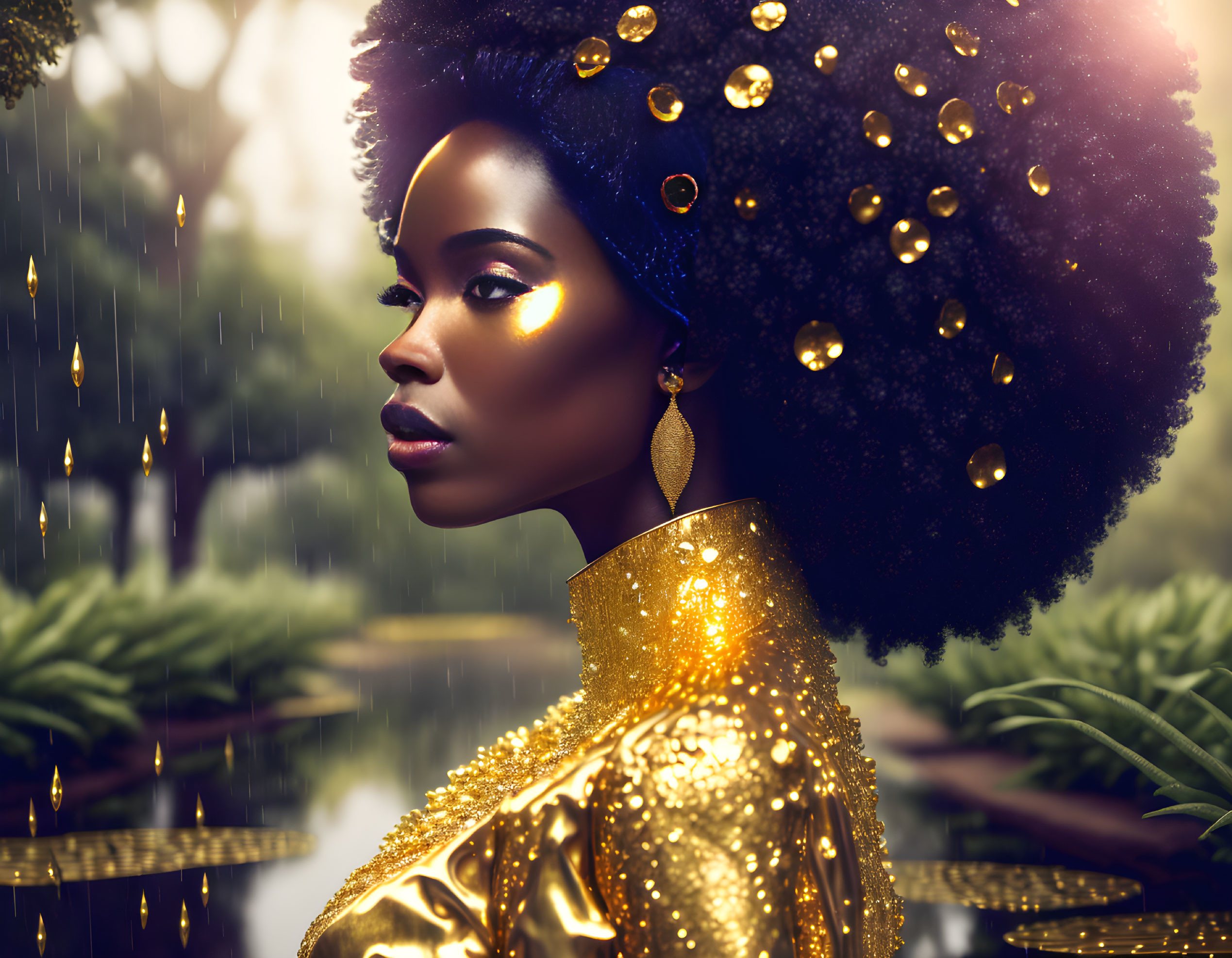 Digital artwork of woman with afro and gold attire in rain and light reflections