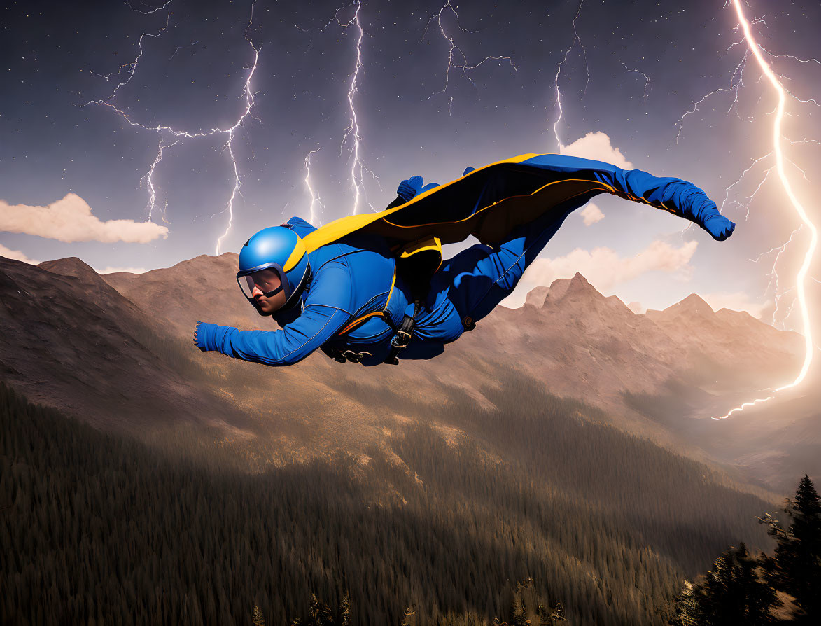 Skydiver in blue and yellow suit above forest and mountains with lightning in sky