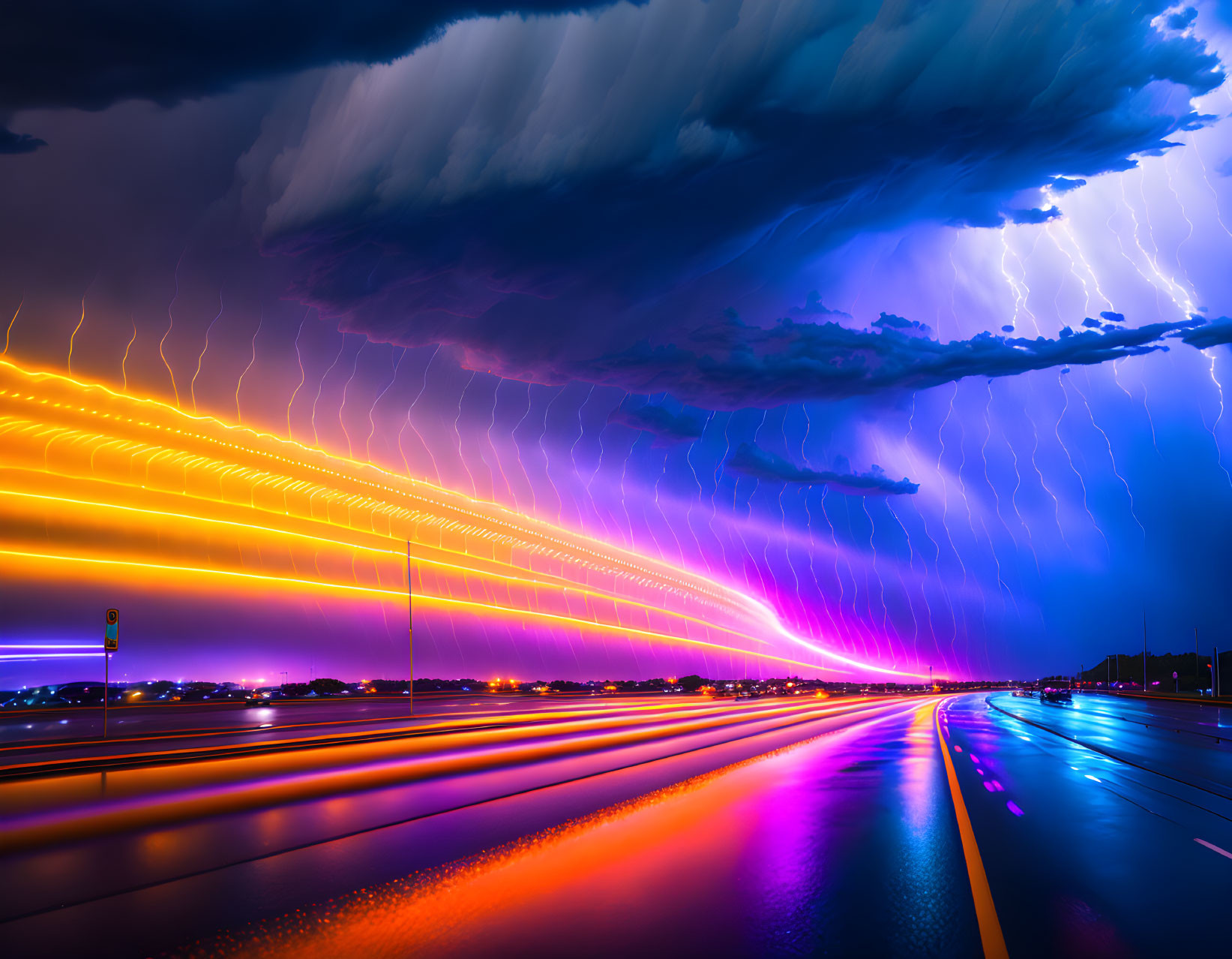 Vivid Lightning Strikes in Colorful Stormy Sky Above Highway