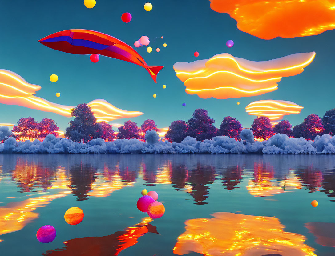 Colorful Dirigible & Balloons in Surreal Landscape at Dusk/Dawn