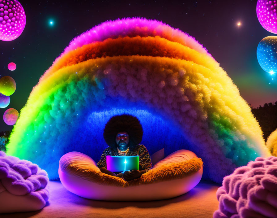 Person under neon rainbow with laptop in whimsical night scene