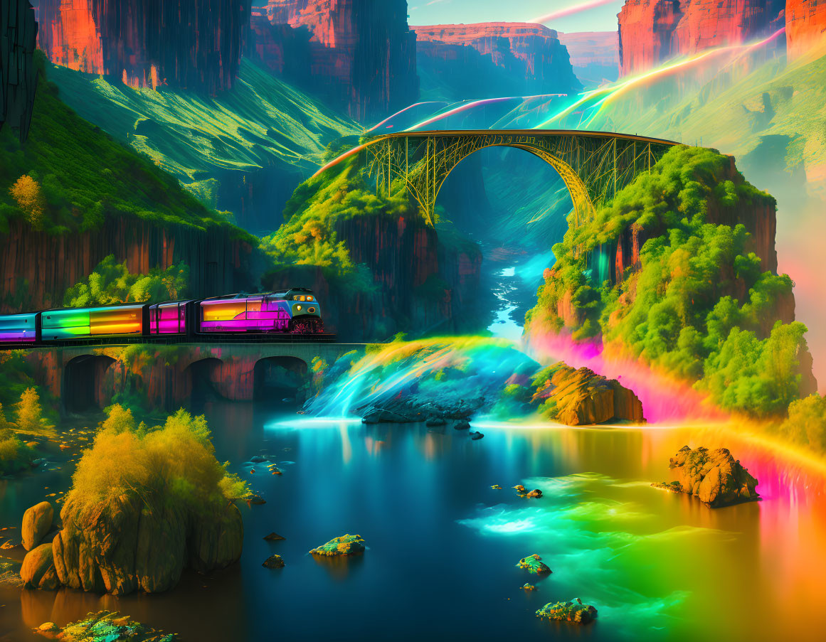 Colorful futuristic train on rainbow-lit bridge over scenic canyon