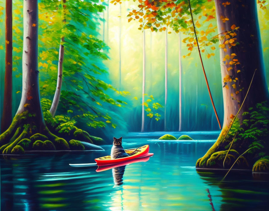 Cat in red kayak surrounded by serene forest with sunbeams and tranquil water