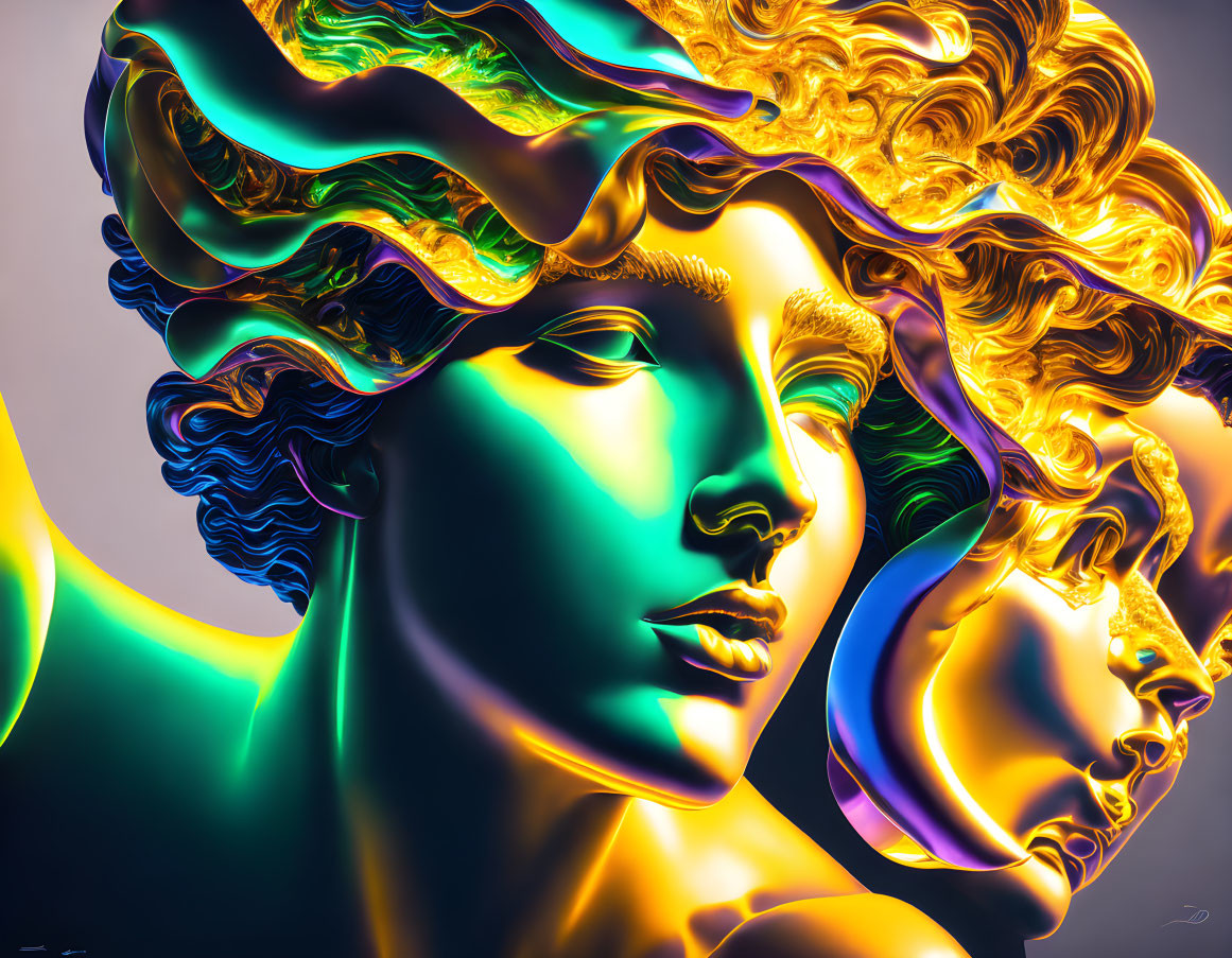 Colorful Digital Art of Three Classical Statues with Neon Gradient