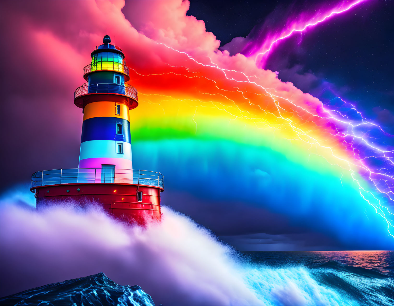 Colorful lighthouse in stormy seas under vibrant sky with multicolored lightning