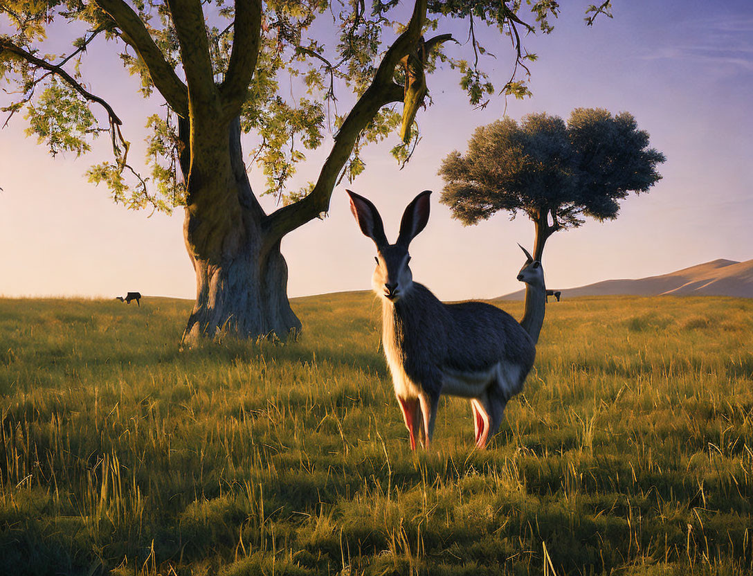 Whimsical kangaroo-deer creature in serene landscape