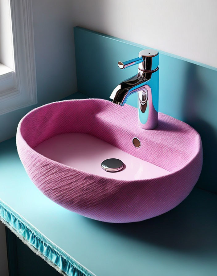 Pink Textured Basin with Chrome Faucet on Blue Tiled Wall