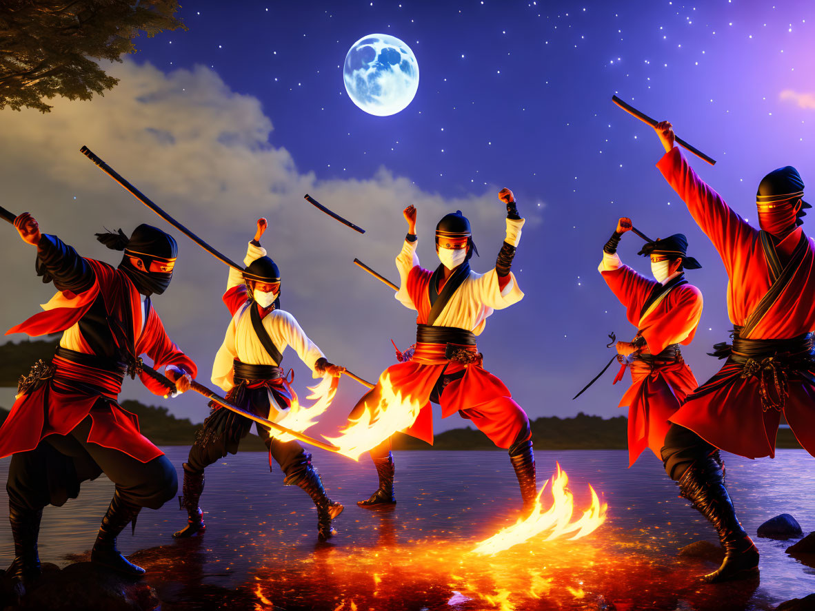 Four ninjas with swords in flames under starry sky with full moon.