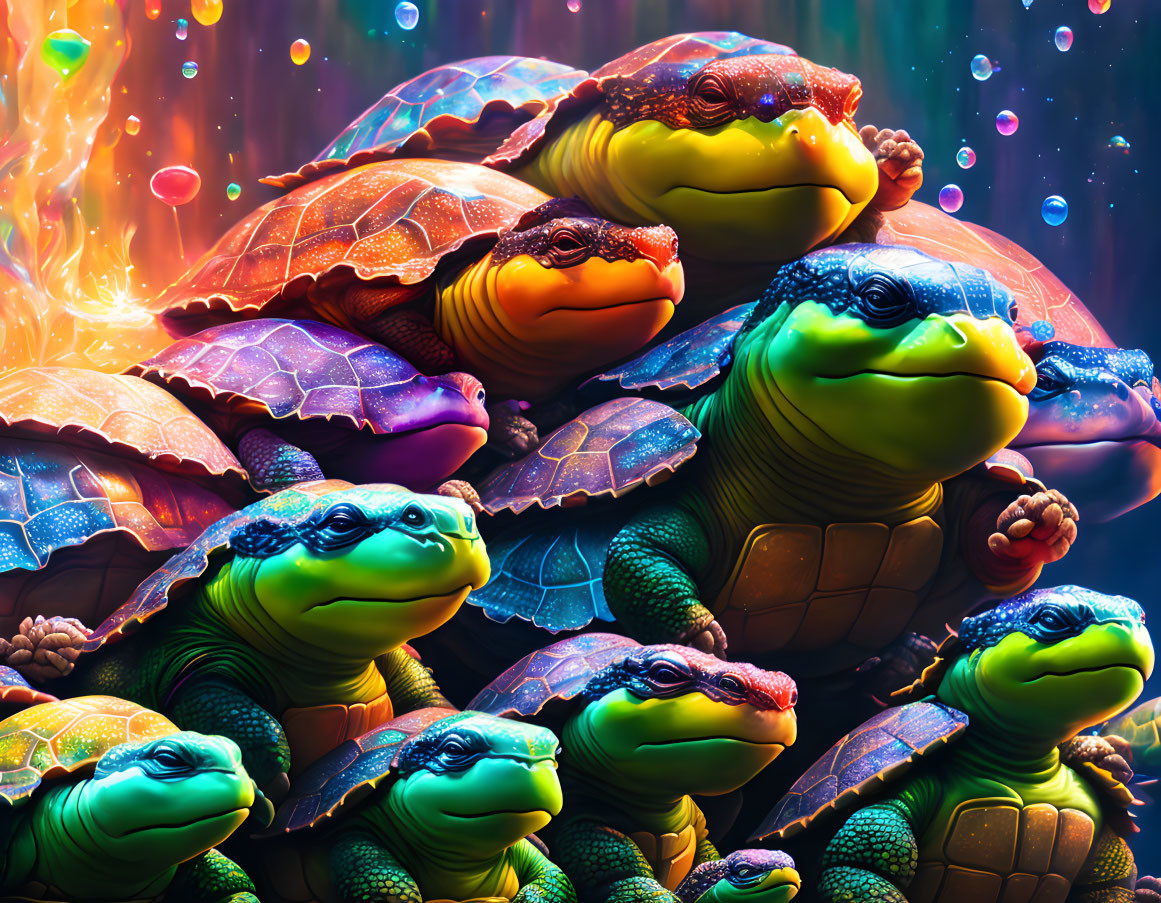 Colorful Anthropomorphic Turtles Surrounded by Glitters and Bubbles