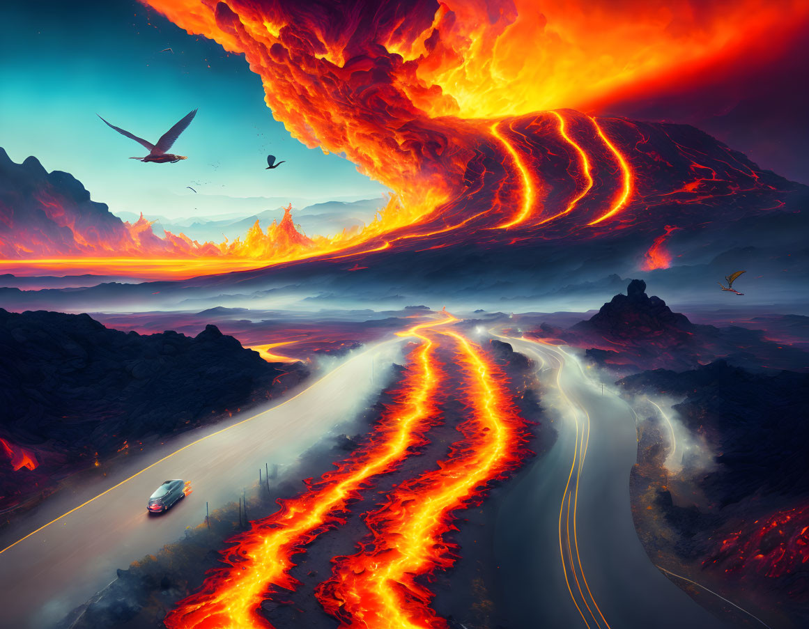 Apocalyptic landscape with lava flows and fiery sky