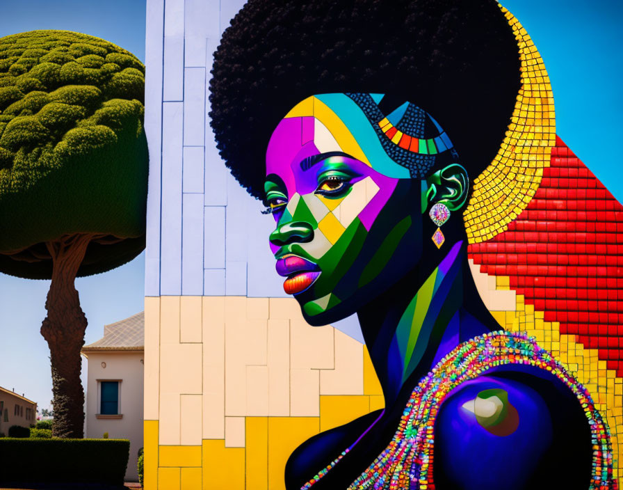 Colorful geometric mural of woman against blue sky with tree and building.