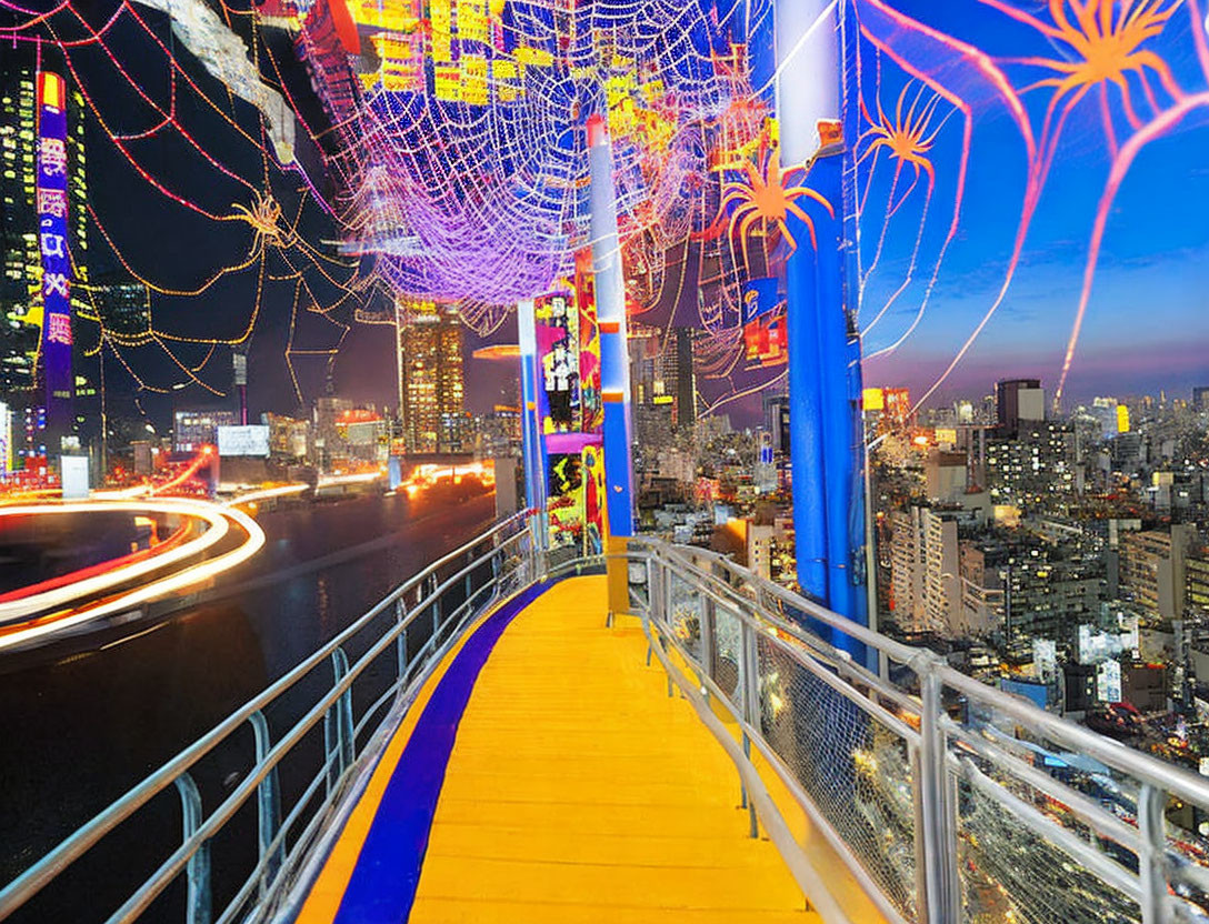 Colorful Night Cityscape with Illuminated Streets and Pedestrian Walkway