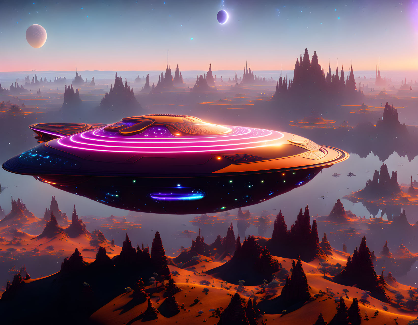 Futuristic spaceship over alien forested landscape at twilight