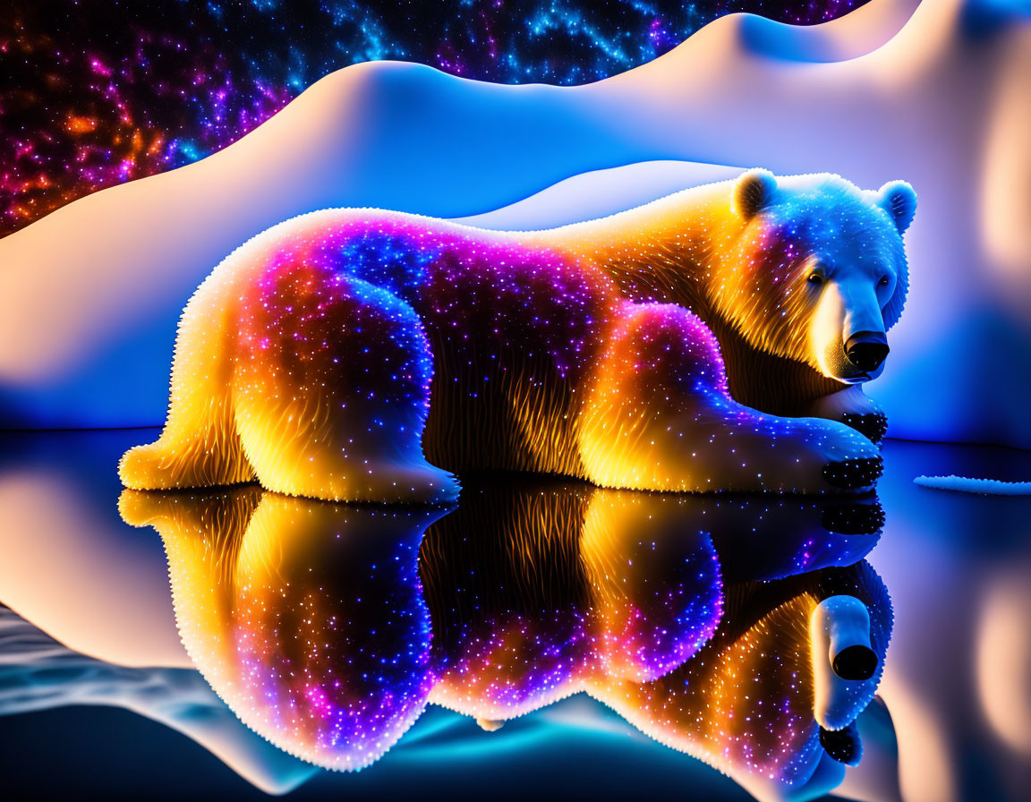 Vibrant polar bear illustration with cosmic star pattern in night sky