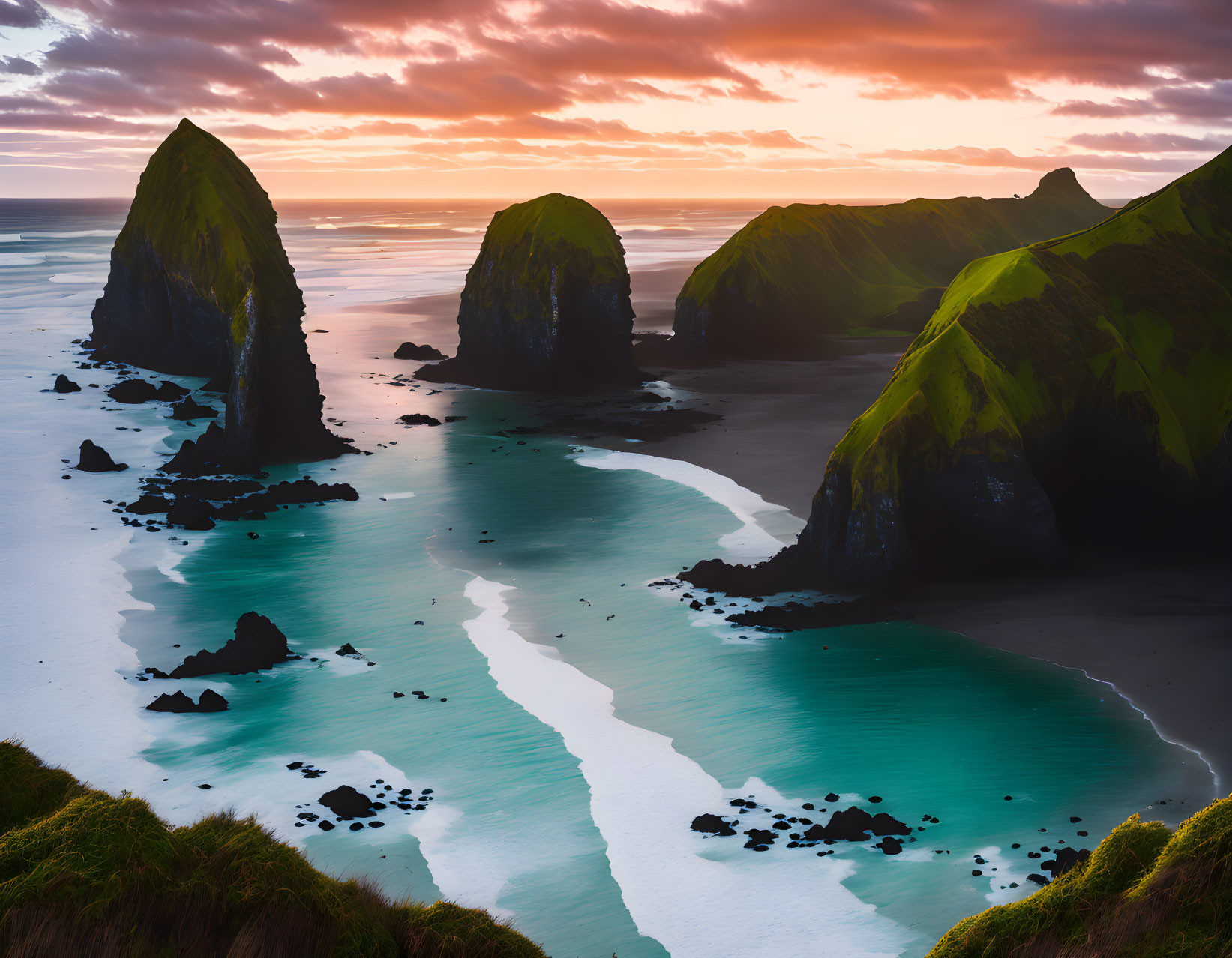 Serene beach at sunset with sea stacks and green cliffs.