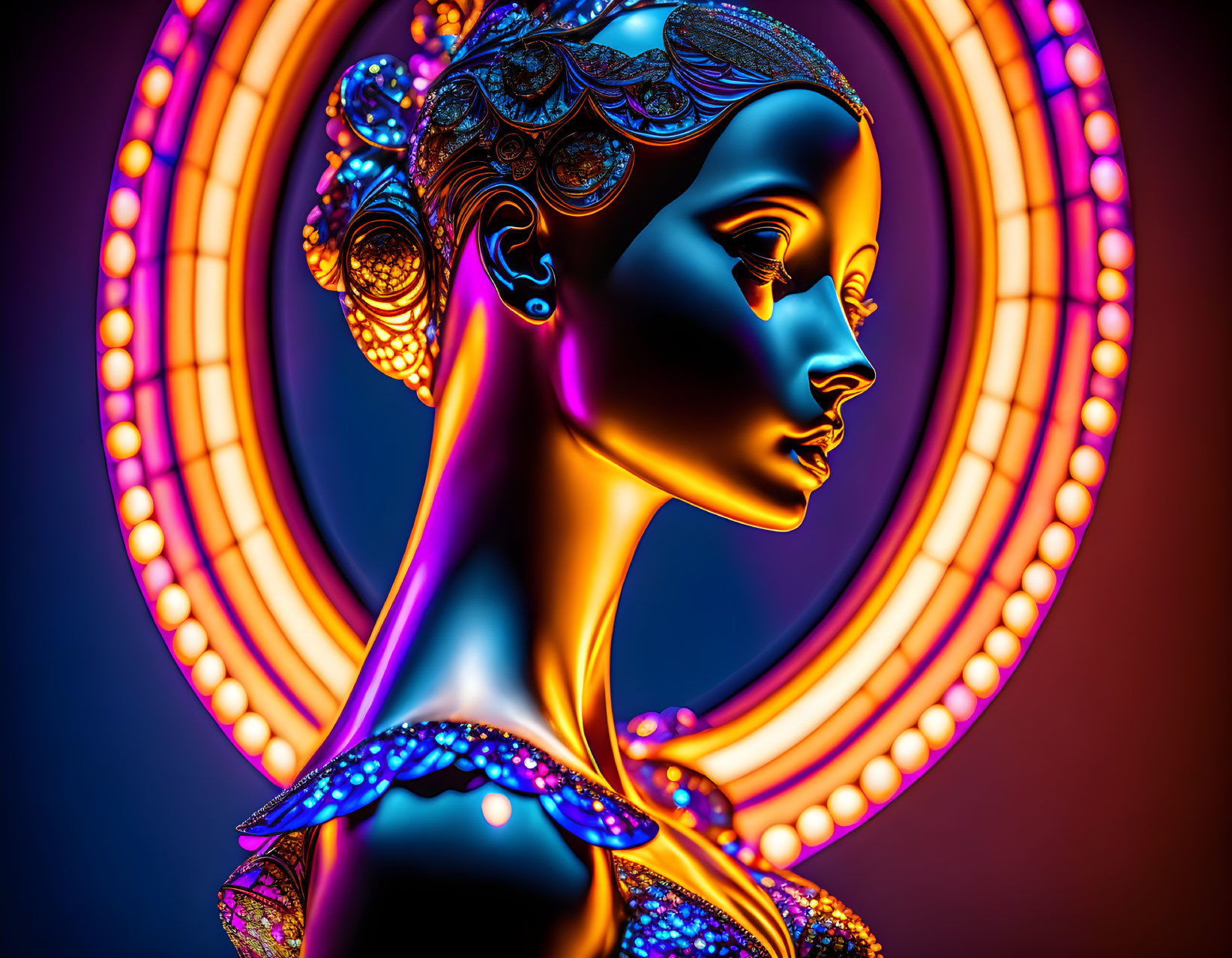 Colorful digital artwork of female figure with intricate headpiece against ornate backdrop