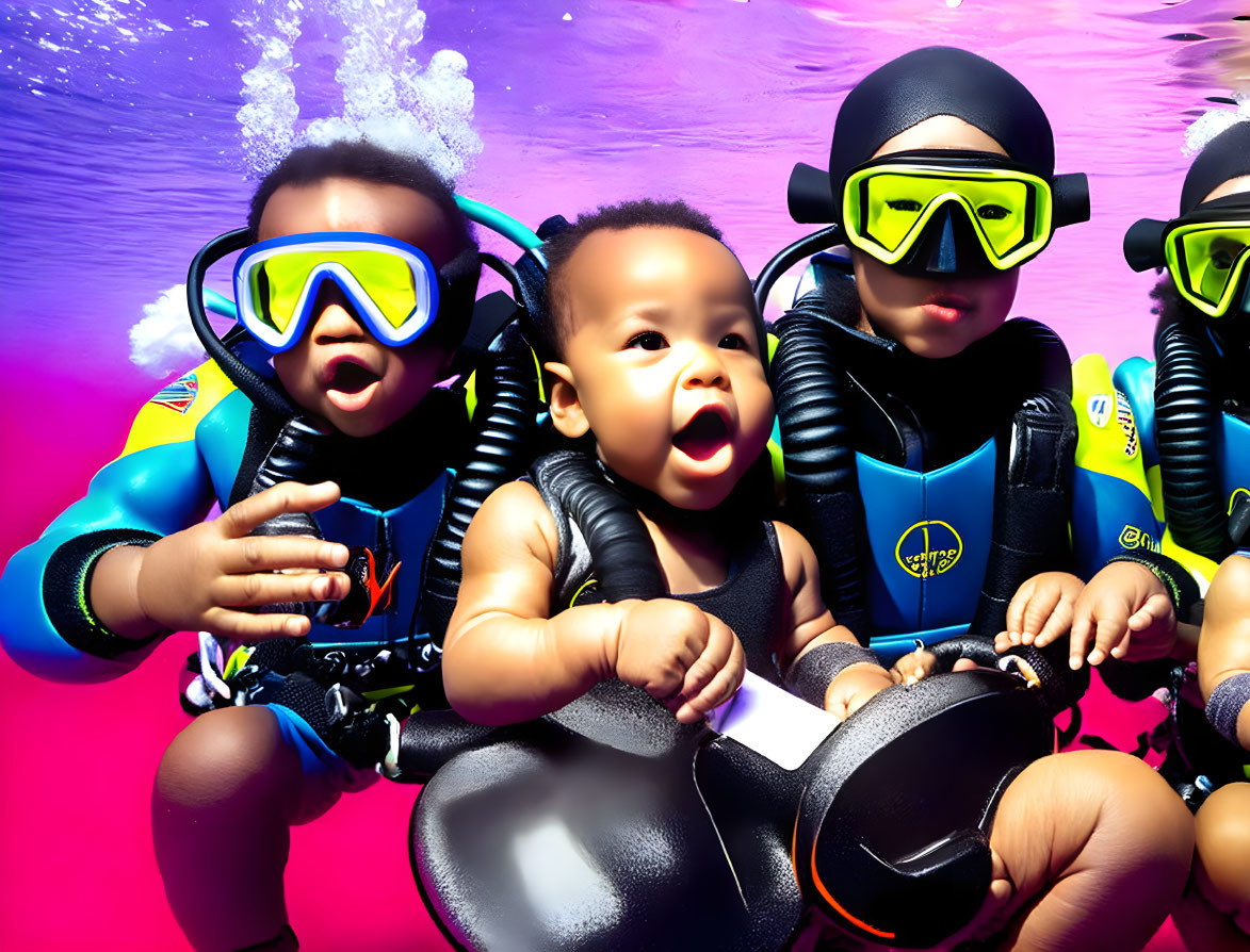 Three babies in scuba gear underwater with colorful goggles and wetsuits, surrounded by bubbles and a