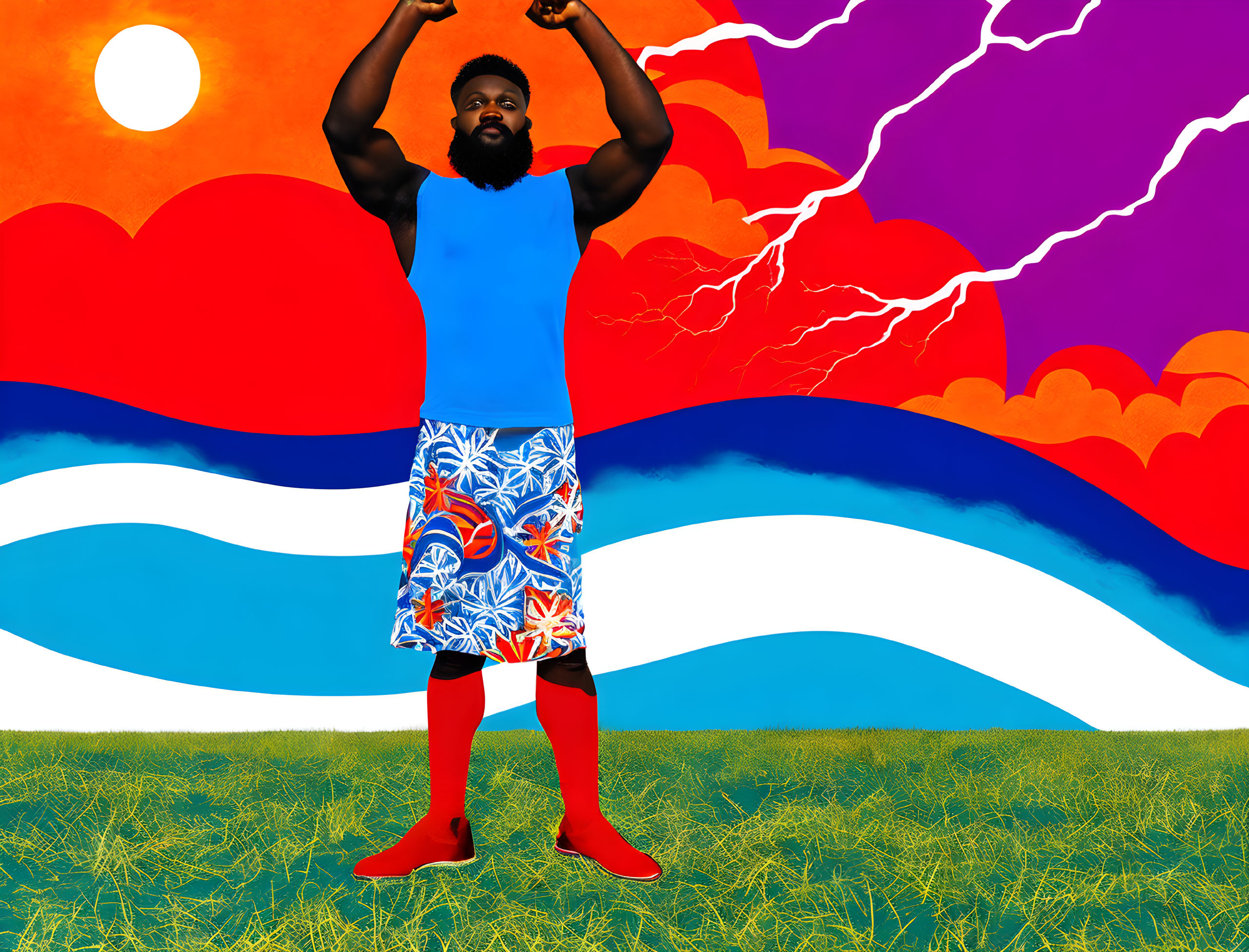 Muscular man with beard in surreal setting with sun, waves, and lightning.