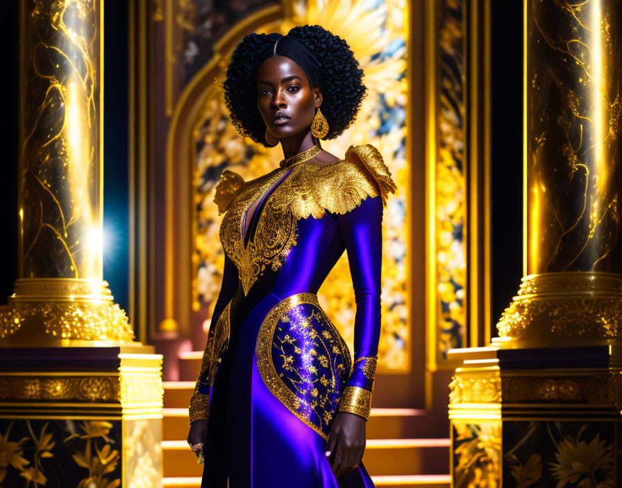 Regal woman in ornate blue and gold dress in luxurious room