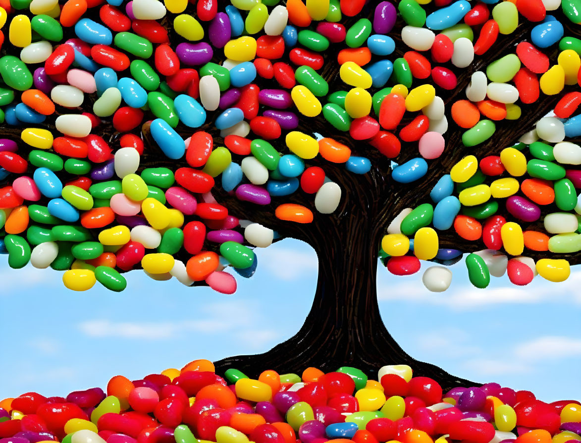 Colorful jelly bean tree with dark brown trunk under blue sky