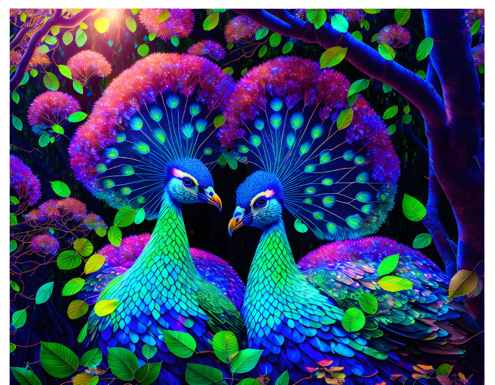 Colorful digital artwork: Two peacocks with luminous tail feathers in fantasy forest