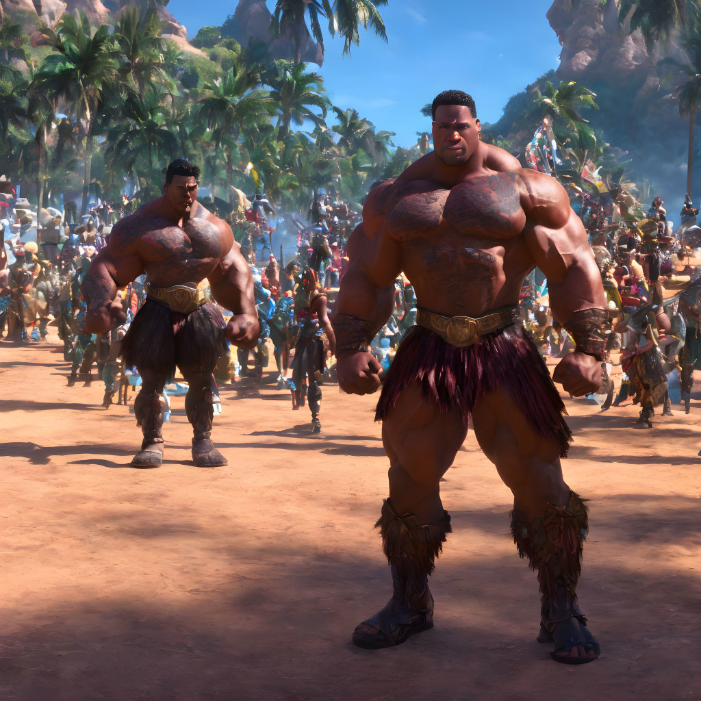 Muscular animated characters in tribal attire outdoors with crowd.