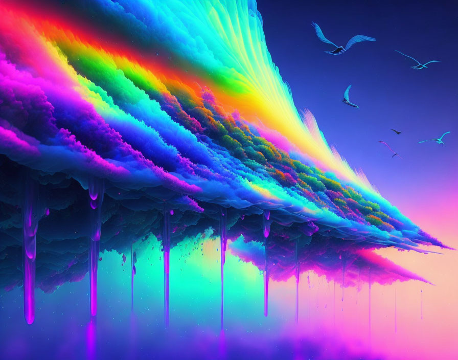 Colorful melting landscape with birds under aurora sky