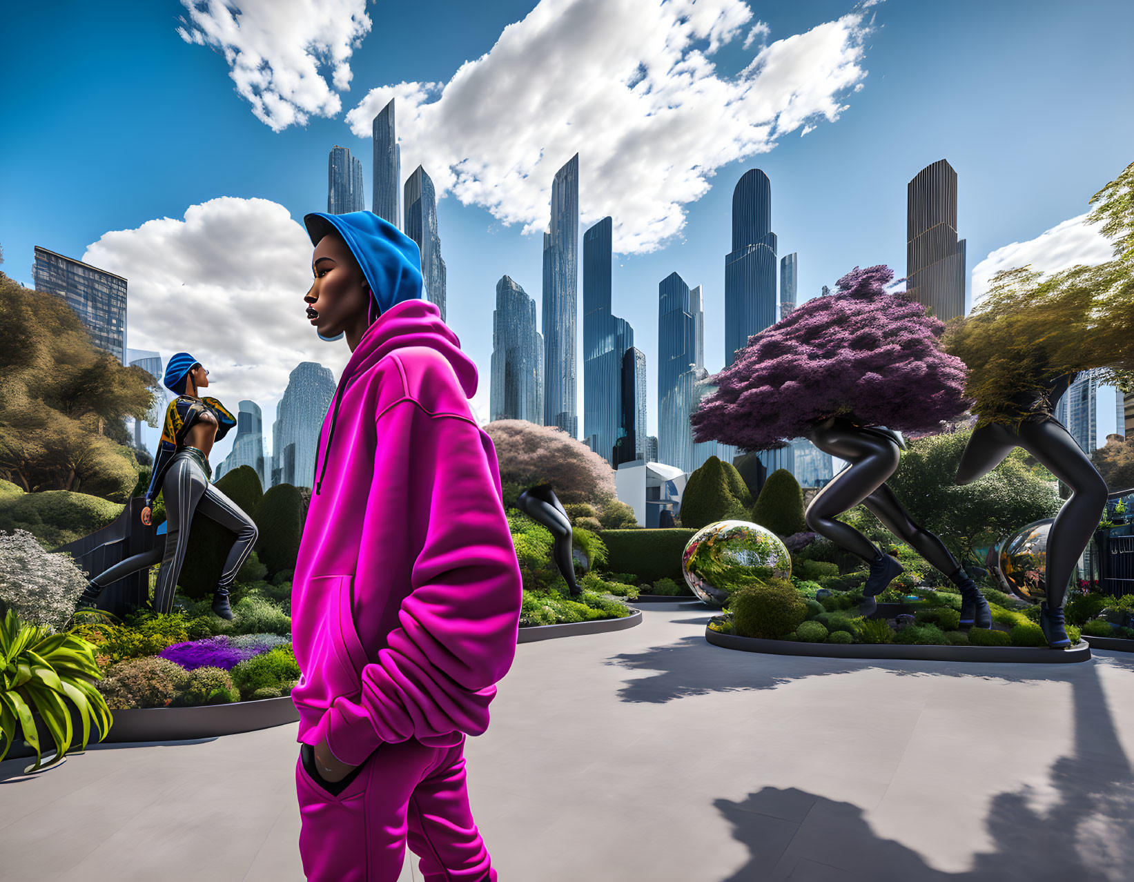 Person in Pink Jacket in Futuristic City Garden