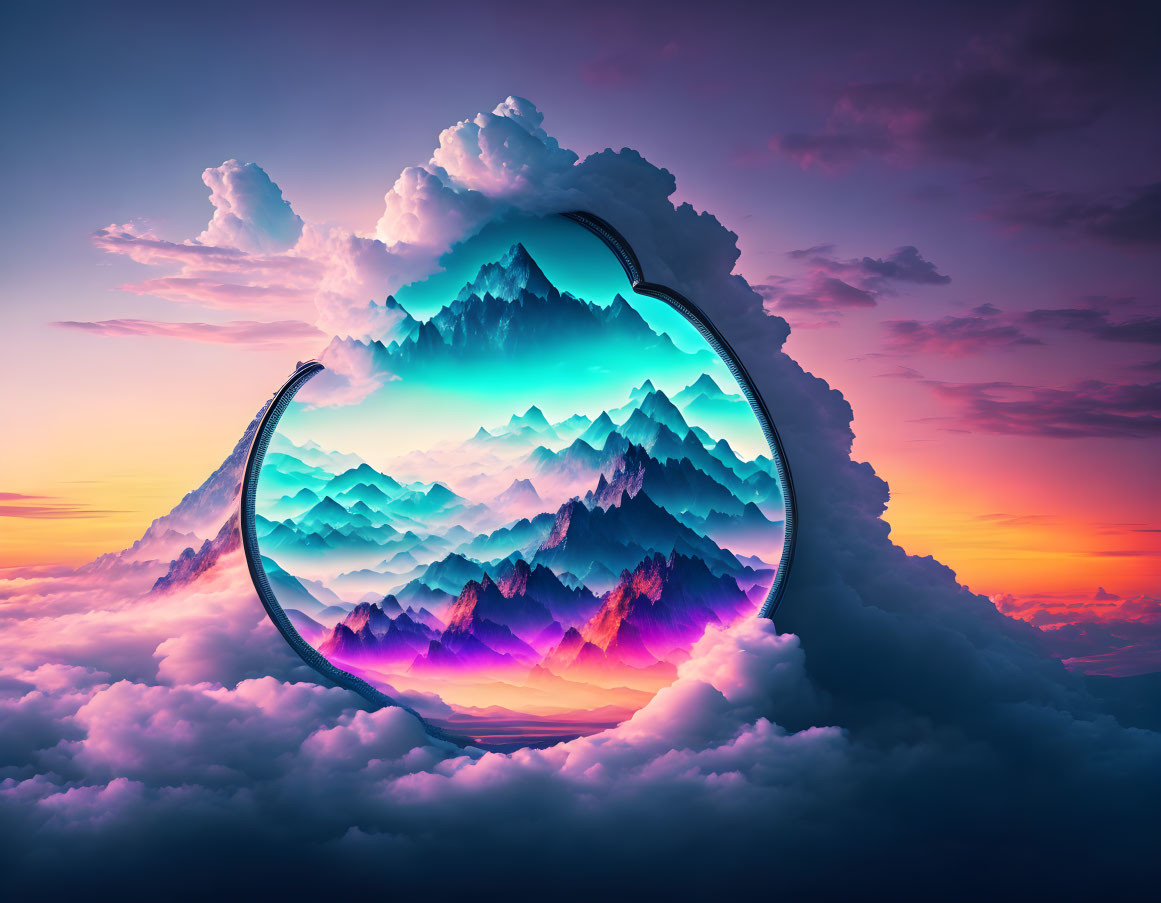 Circular surreal mountain landscape under vibrant sky