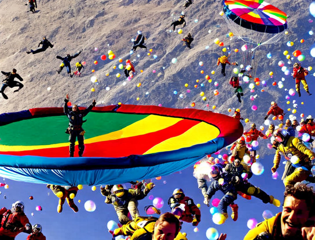 Colorful parachute formation with skydivers and floating balls